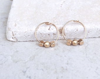Gold hoop earrings, gold beads, 14k gold filled earrings, delicate earrings