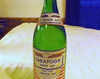 Vintage Saratoga White Cap Paper Label Pale Dry Ginger Ale Green Quart Soda Bottle