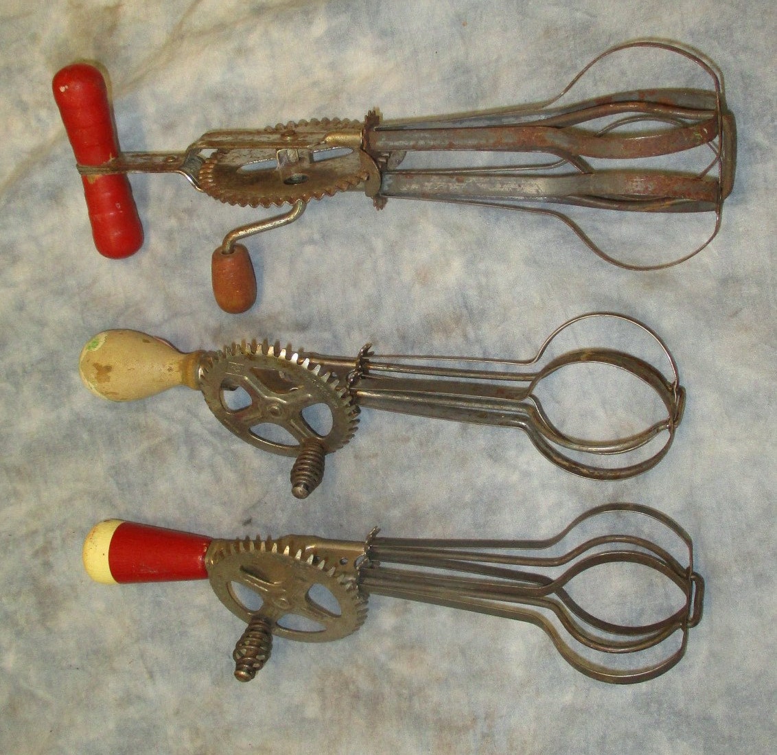 3 Hand Crank Wooden Handle A & J Mechanical Egg Beaters