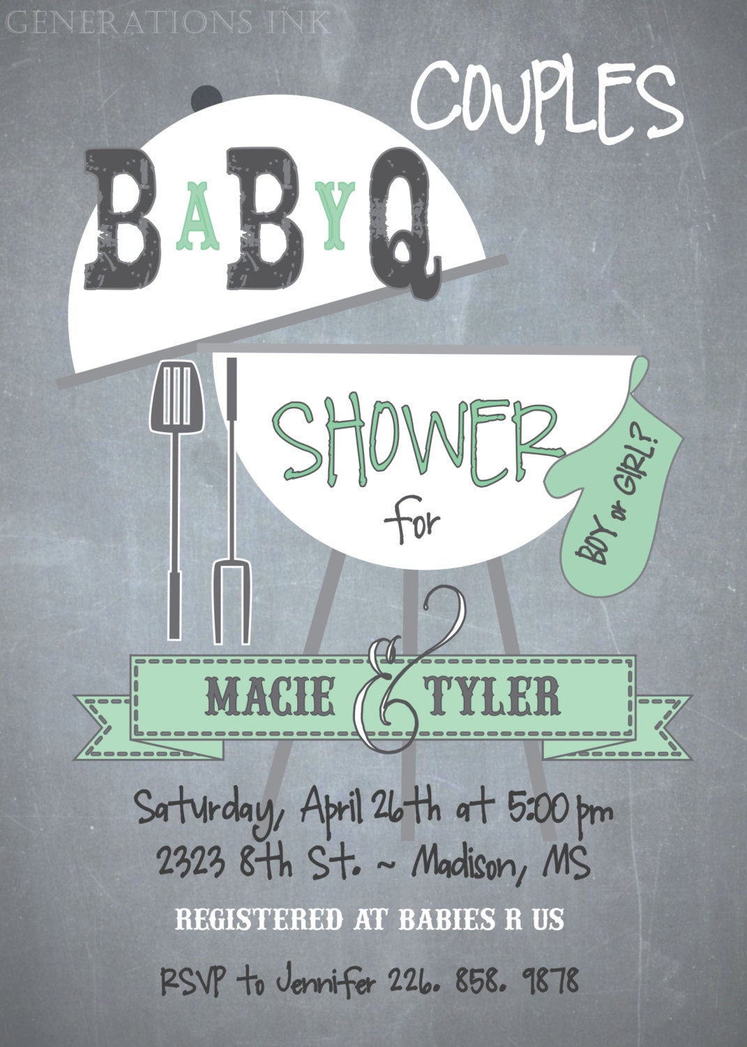 Couples Baby Q Shower Invitation / choose a color / DIGITAL