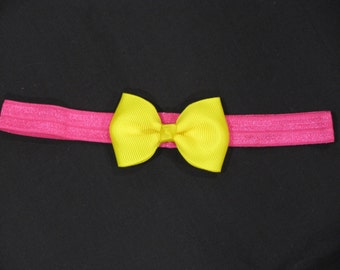 baby headband pink azalea elastic with maize yellow bow