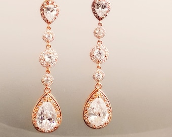 Rose Gold Bridal Earrings Cubic Zirconia Teardrop Bride Earrings