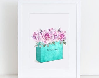 Teal blue Bag, Fashion Painting, roses, flowers, shopping bag, designer, pink, fashion illustration, vanity art Fashion Print Breakfast at