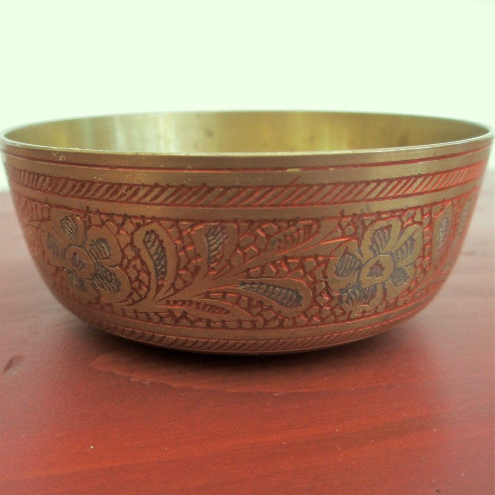 Small Brass Bowl from India. Vintage Etched Brass. Asian