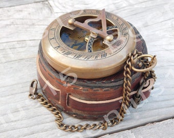 3'' push button vintage sundial compass with leather case for man and woman, Promotion day gift, Graduation gift, Nautical Gift, Maritime