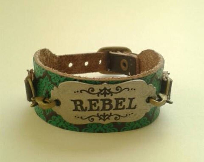Leather Men's Bracelet, Green and Brown Bracelet, Statement Piece, Men and Women Wristband, Rebel Symbol, Sliver and Gold Embellishments,New