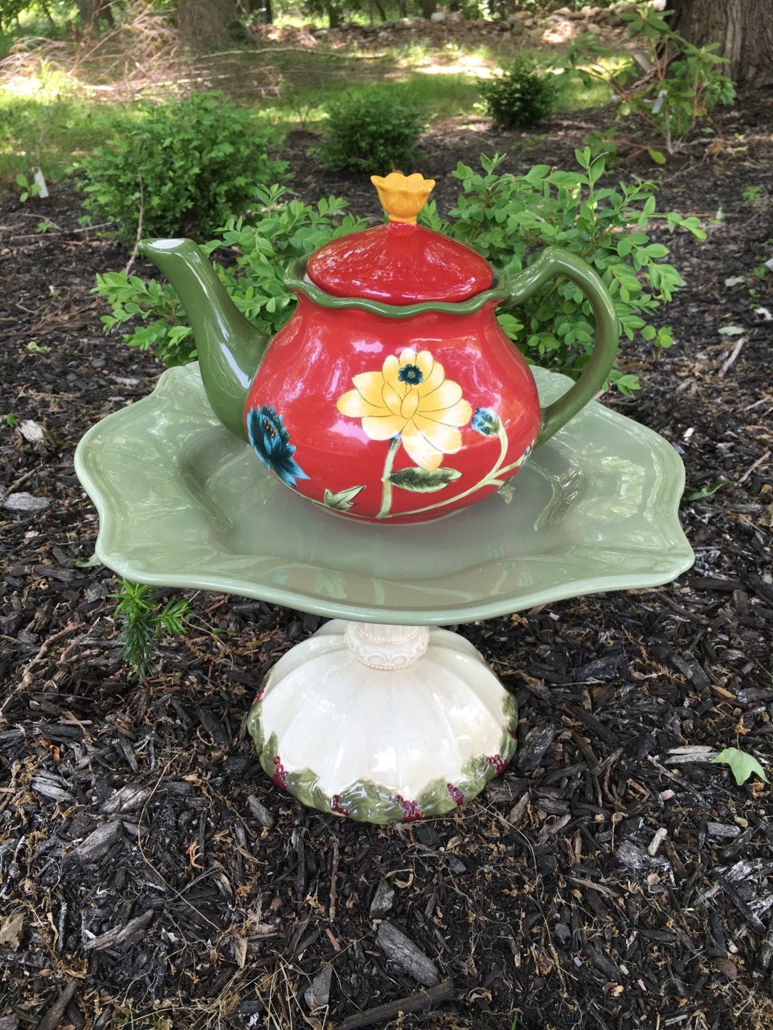 Cottage garden art teapot whimsy ceramic birdfeeder