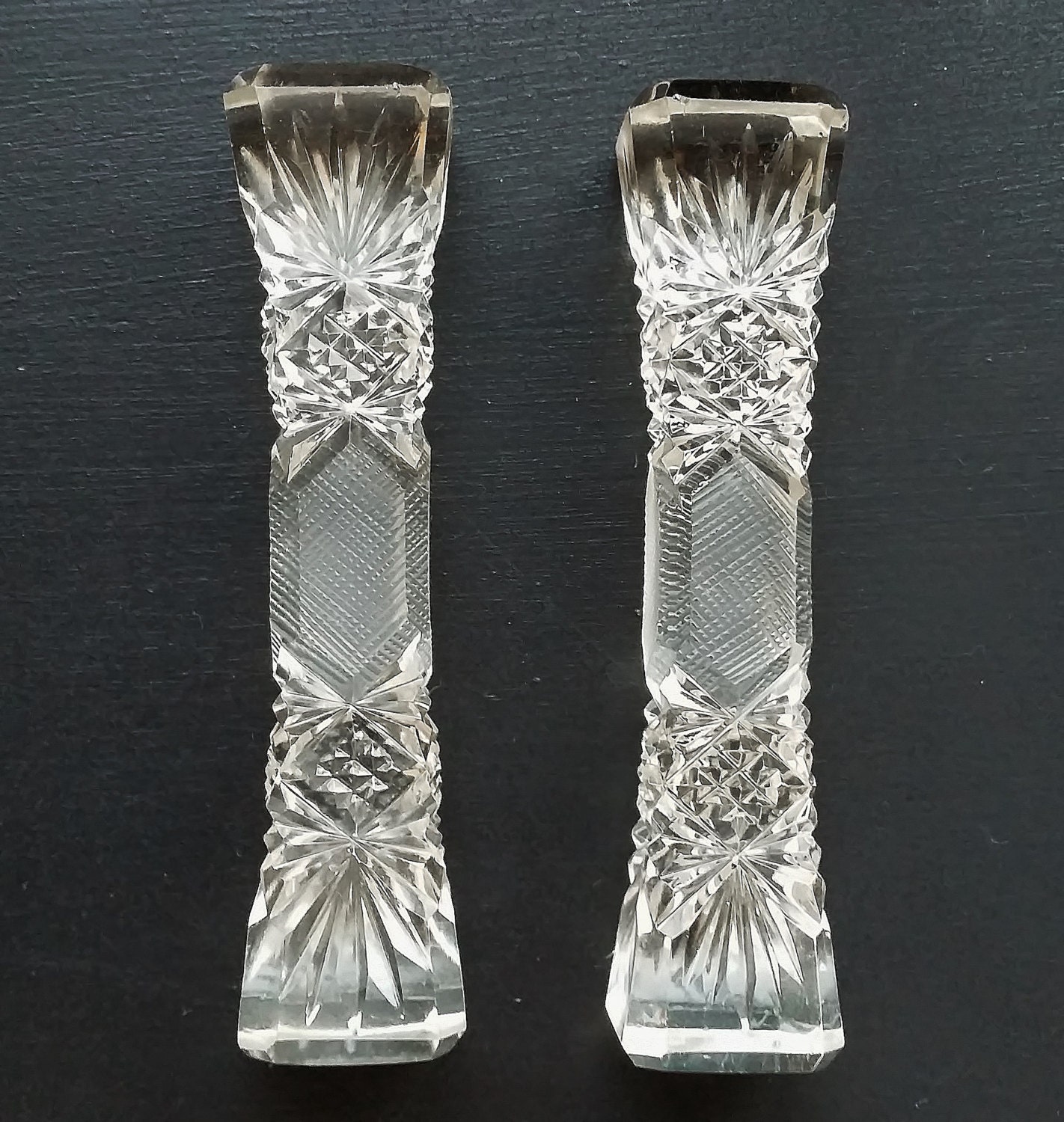 Pair of Vintage Cut Crystal Knife Rests. Cut Glass Cutlery