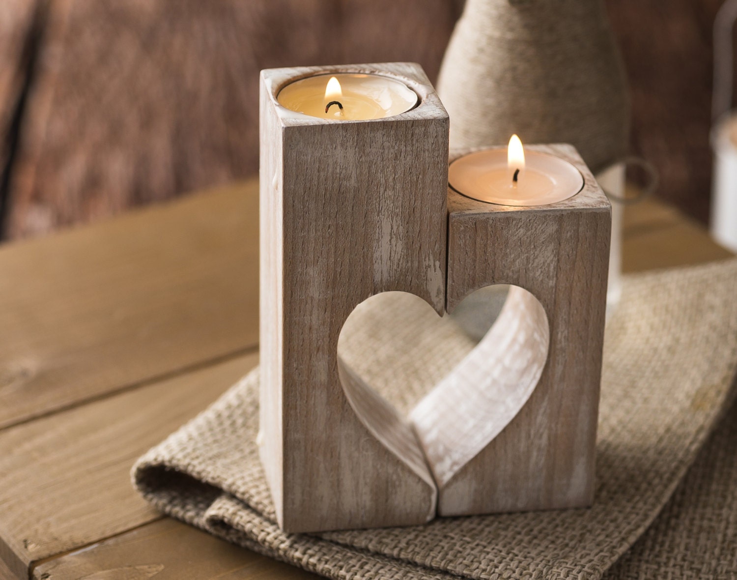 Wooden candle holders Rustic candle holders Wood hearts