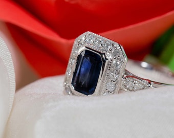 Diamond sapphire engagement ring /blue sapphire ring /vintage engagement ring