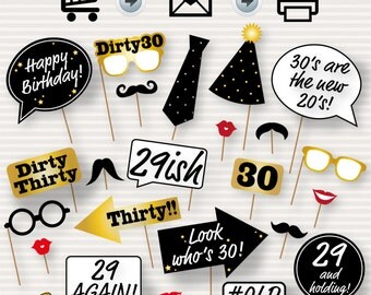 30th Birthday Party Printable Photo Booth Props - Glasses, Hats, Ties, Lips, Mustaches, Speech - INSTANT DOWNLOAD - Printable Birthday Props