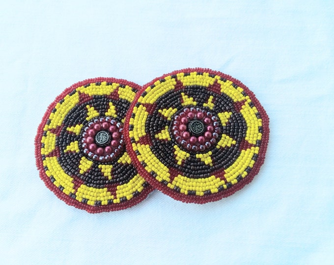 Tribal talisman , embroidered tribal patch , handmade beaded circles , boho decor , belt accessories , red vine tribal nomad accessories