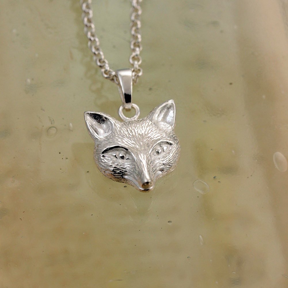Shiny Sterling Silver Fox Head Pendant and Chain / Sterling