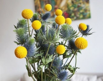 dried thistle with craspedia bouquet, Wedding bouquet, Preserved flower for decoration, a bunch of dried real flower, flower arrangement