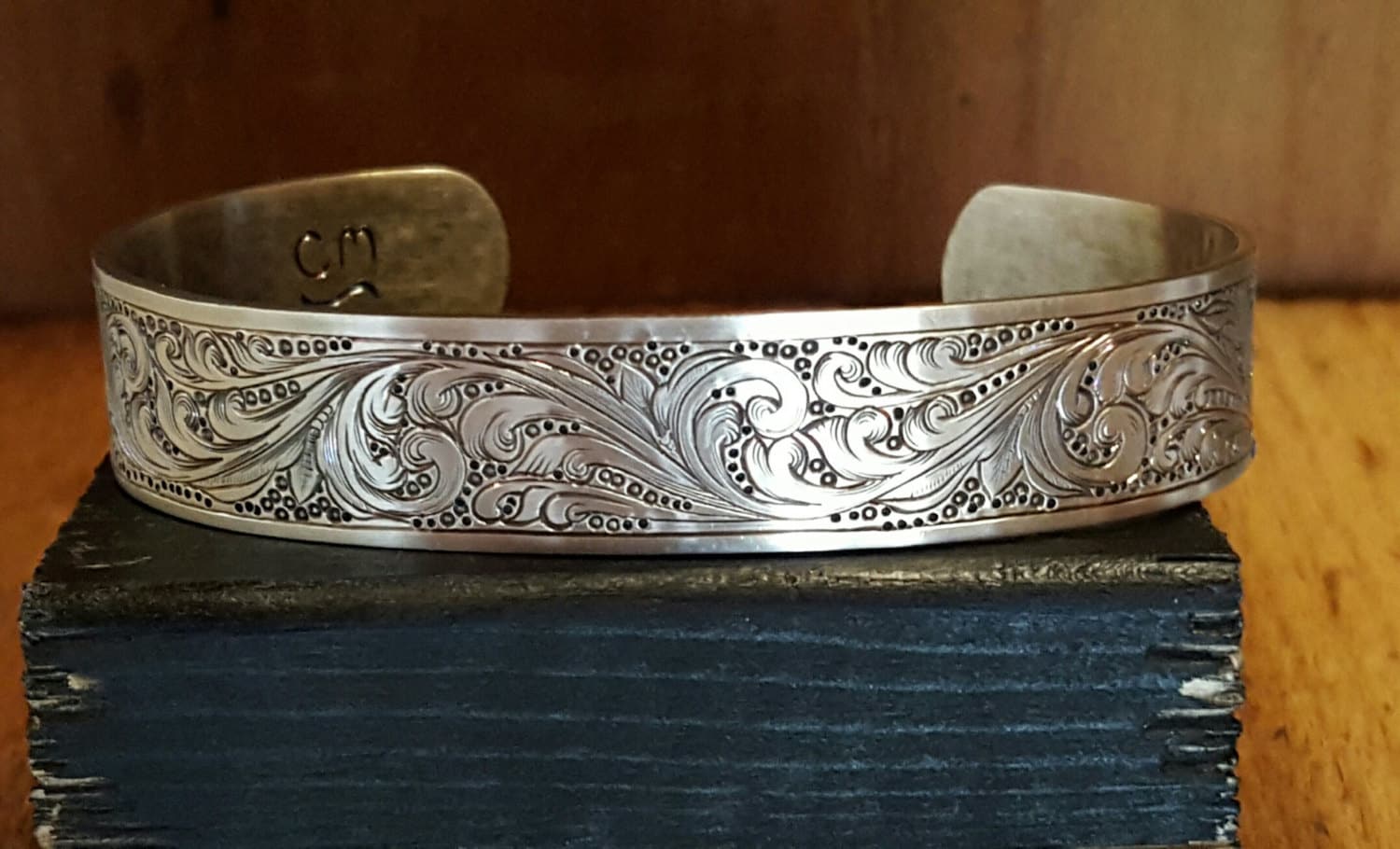 Sterling silver bracelet hand engraved patina finish cuff