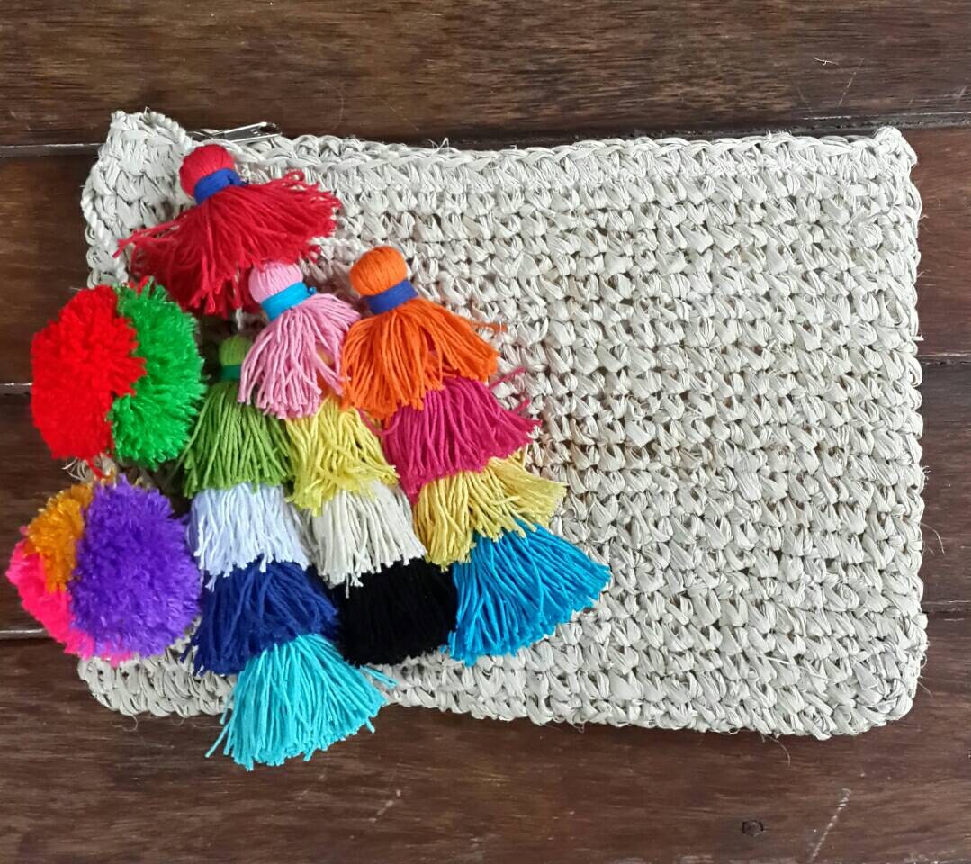 Multi tassel raffia clutch multi colour tassel wallet
