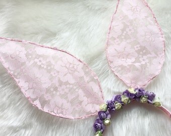 Light pink Bunny ears, Bunny ears, Ears headband, Floral ears, flower ears, Bunny costume, Lace bunny ears, Ariana ears, Rabbit ears
