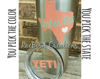 Yeti decal personalized with state name YETI lid sticker 30 oz Yeti rambler, mug, cup