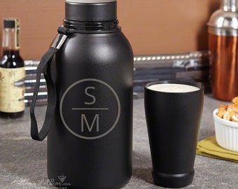Portable 64oz Personalized Growler + Travel Cup - Unique Emerson Monogram with Initials of Your Choice - Ideal Gift for Beer Lovers
