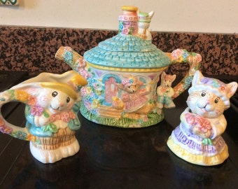 Complete set Bunnies in the garden tea set for 4. Porcelain Child tea set. Vintage pink blue and yellow ceramic tea with bunnies.