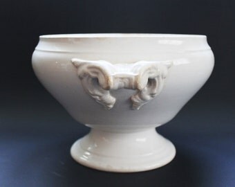 Soup Tureen, Antique French Transferware, Sarreguemines Digoin, French Country, White Ironstone, Antique Tureen, Footed Soup Bowl, 1920s