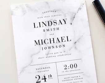 Modern Wedding Invitations Modern Marble Wedding Invitation This unique invitation suite boasts a simple yet modern design. The design is completely customizable to match any wedding style. You can change the wording