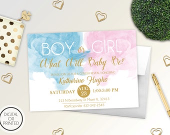 Gender Reveal Invitation | Watercolor Gender Reveal Invitation | Baby Reveal Invitations | Blue or Pink Gender Reveal Invitation | Boho