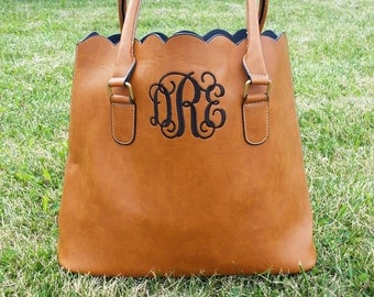 Monogrammed Scalloped Tote-Monogrammed Purse-Scalloped Tote-Scalloped Purse-Faux Leather Tote