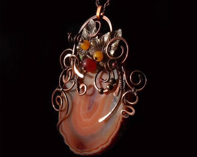 Natural Stone Cut Necklace Copper wire pendant Red Agate geode Fairy fantasy style Romantic gift for she Ooak stone pattern Birthstone