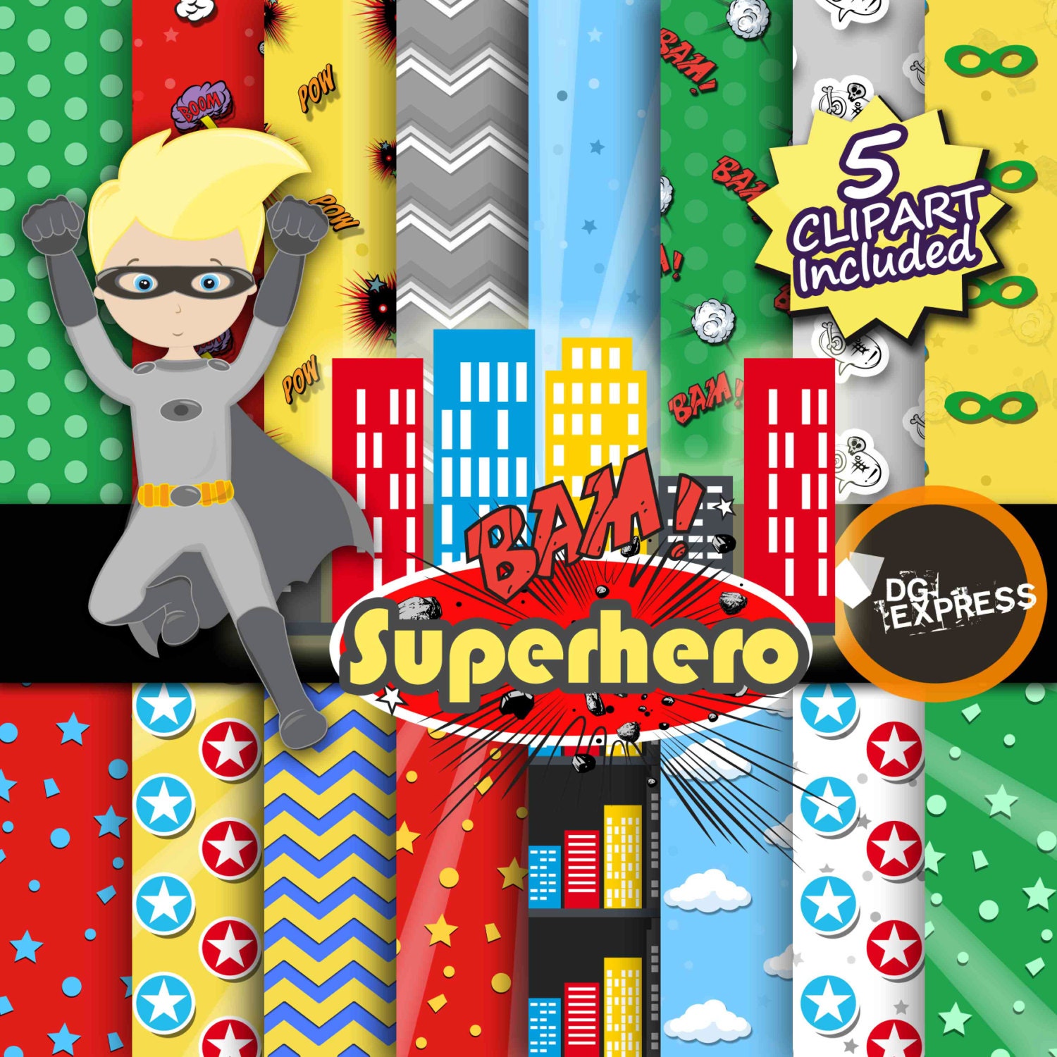 SALE Superhero Digital Paper Clipart : SUPER HERO