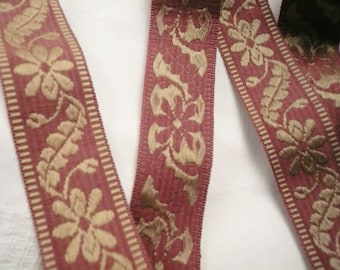 1.75 yds. French VINTAGE JACQUARD TRIM, Terracotta and Cream Woven Trim,