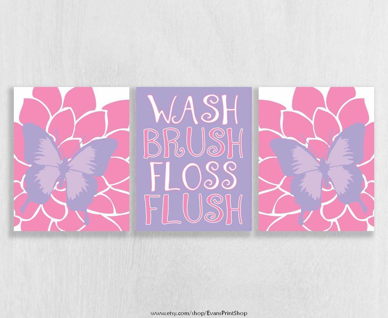 CANVAS Butterfly Bathroom Decor Set of 3 Pink and Purple