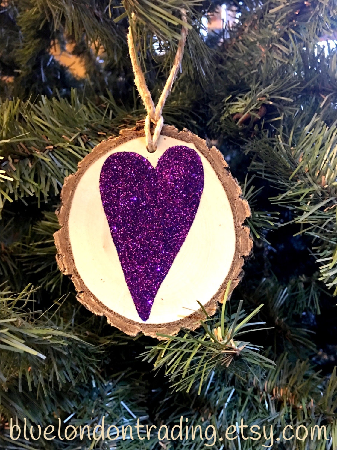 Whimsical Purple Glittered Heart Silhouette Christmas Ornament by BlueLondonTrading on