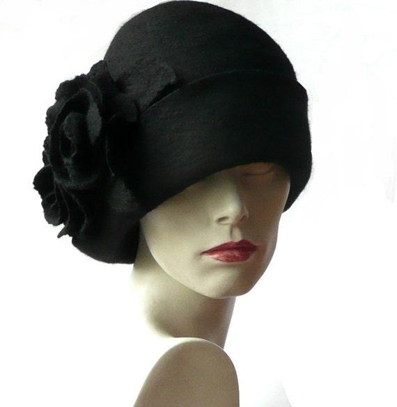 Black Felt Hat felt hats Black Cloche Hat Flapper hat 1920 Hat