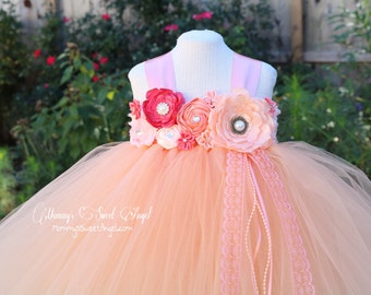 Flower girl tutu dress. Flower girl dress. Birthday dress. Peach and coral dress. Pageant tutu. Very full and poofy. More colors available.