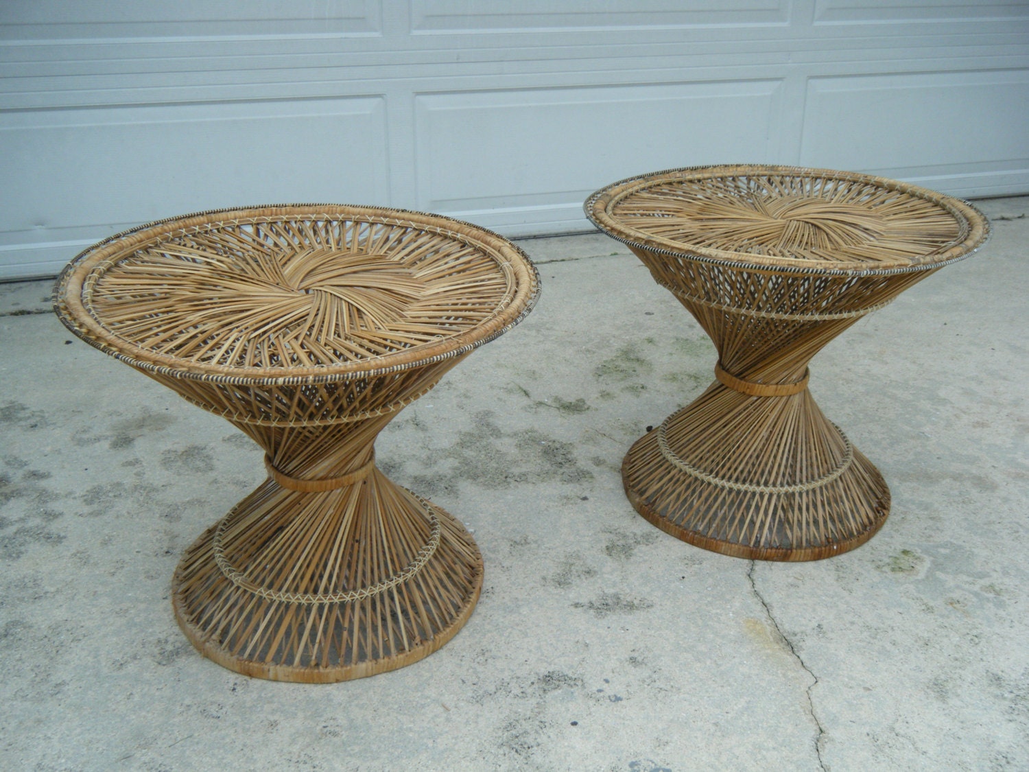 mid century pair of Bohemian spun natural rattan hourglass end tables