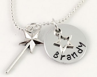 Wand and Stars Necklace, personalized star necklace, custom name necklace, rising star necklace, star jewelry, magical wand necklace, magic