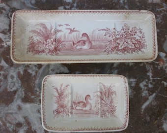 French Antique Set of one comb holder, one Soap holder Sarreguemines U&C modèle Canards XIX th- Porte-savon, Porte-peigne Sarreguemines UC