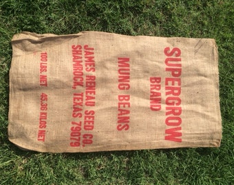 Vintage Burlap sack, SUPERGROW Mung Beans, Reneau Seed Co., sack, feed bag