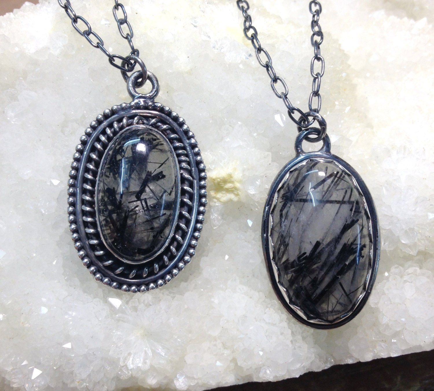 Black rutilated quartz sterling silver necklace Tourmalinated