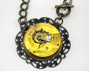 Steampunk Pendant Large Gold Waltham Pocket Watch Movement Filigree