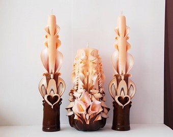 Wedding candles-carved unity candle-peach and Brown-peach candles-Brown candles-unity candles