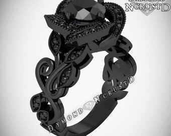 blackout rose flower style black diamonds black rhodium or black gold bridal engagement ring - All Black Wedding Rings blackout rose flower style black diamonds black rhodium or black gold bridal engagement ring - All Black Wedding Rings