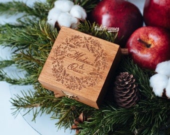 Wedding ring box in winter style // Engraved wooden box for rings // Custom wedding ring box