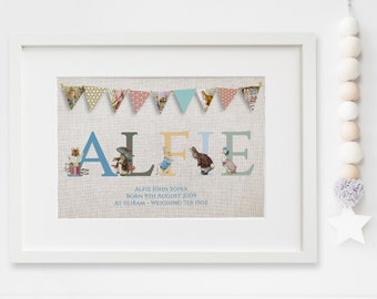 Personalised New Baby Boy/Girl Peter Rabbit BeatrixPotter Nursery Birth Name Print Keepsake Picture Christening Gift