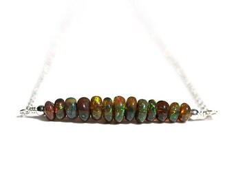 Black Opal Choker Necklace, Genuine Natural Ethiopian Opal Jewelry, Sterling Silver or Gold, October Birthstone, Gemstone Bar, Opal Pendant