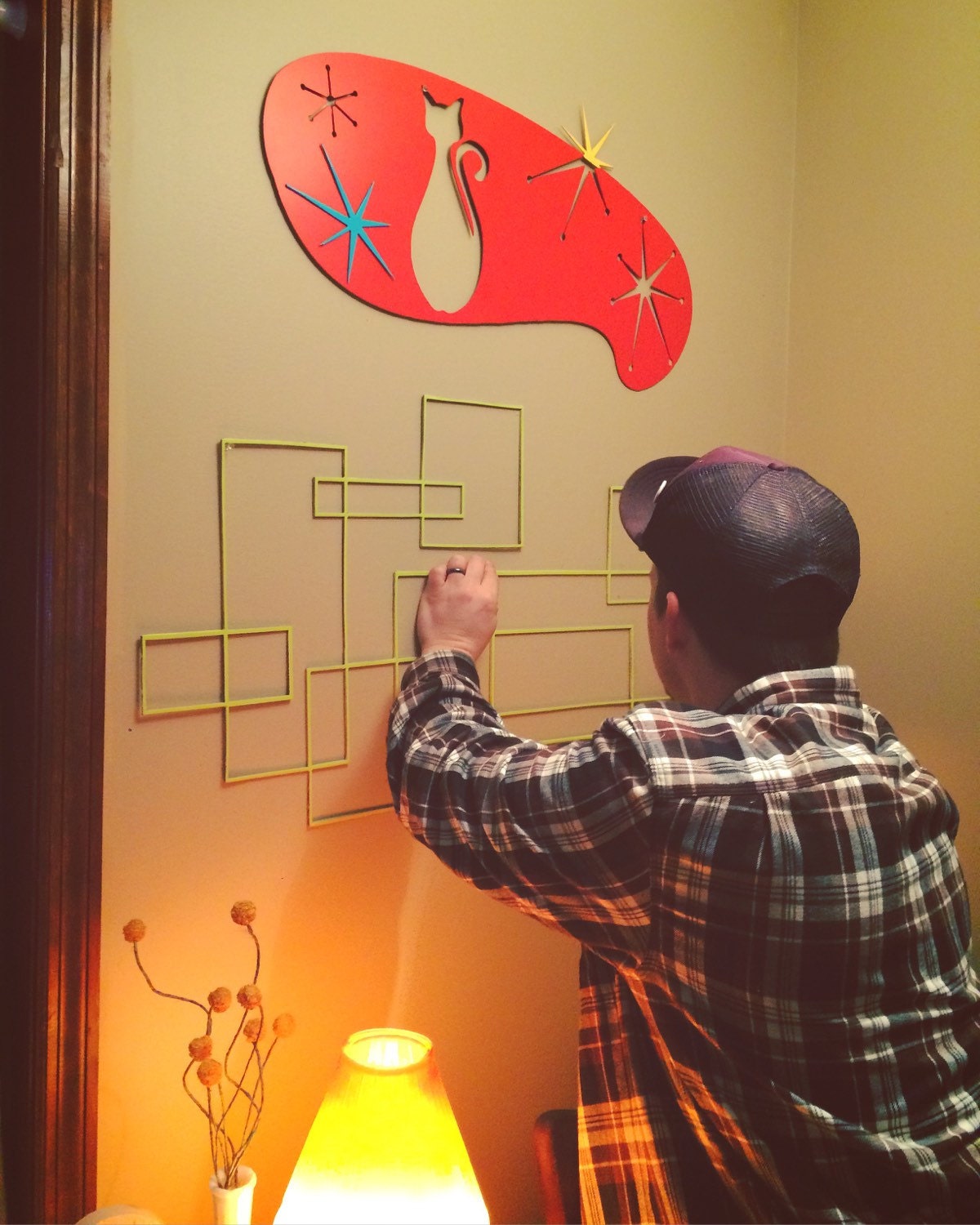 MidCentury Modern MCM Atomic Art Deco Cat Design Metal Wall