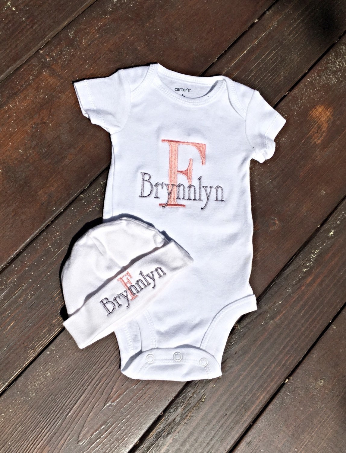 monogram baby onesie & hat initial take home outfit custom