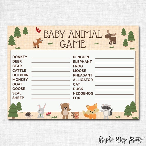 Baby Animal Name Game Baby Shower Printable Woodland Baby