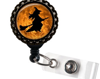 Witch- Badge Reel- Glass Dome- Halloween Badge Reel- ID Badge Holder!! - Lanyards & Badge Holders